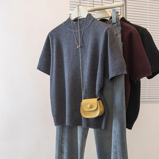 超火正肩短袖针织打底衫女春秋款大码胖mm修身显瘦气质半高领上衣