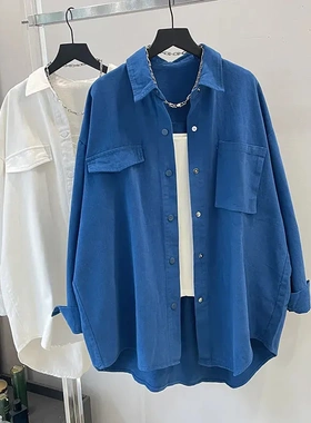 克莱因蓝色衬衫女春秋季2025新款休闲宽松慵懒风叠穿长袖衬衣外套