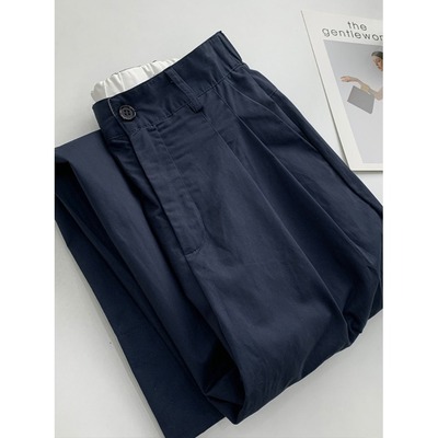 藏青色洗水棉阔腿休闲裤女夏季薄款高腰宽松垂坠感显瘦直筒西装裤