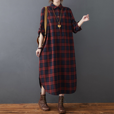 女秋新款宽松大码翻领棉麻连衣裙
