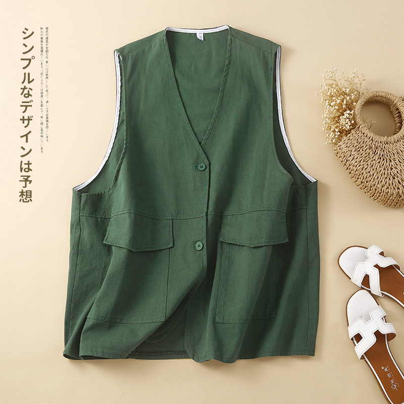 日系工装V领棉麻无袖马甲女2026早春薄款叠穿设计感纯色背心坎肩