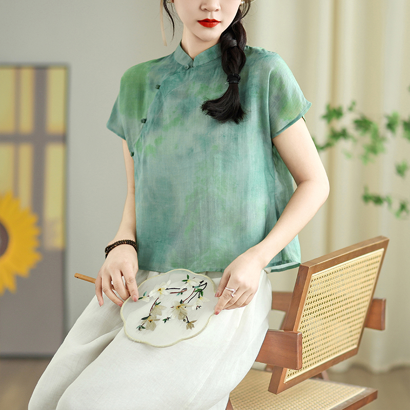 中国风印花衬衫女夏季新中式国风汉元素盘扣苎麻上衣改良旗袍小衫