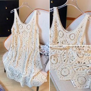复古镂空V领钩花蕾丝连衣裙女夏季 宽松显瘦气质减吊带背心长裙子