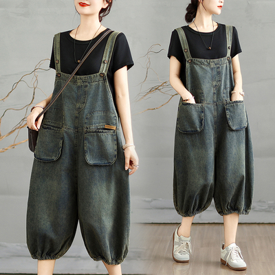复古做旧工装牛仔背带裤女夏季大码胖mm遮肉七分灯笼裤吊带连体裤
