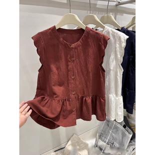 设计感时尚亚麻背心衬衫女夏季高级感荷叶边减龄小衫棉麻无袖上衣