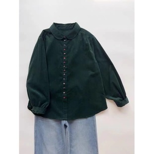 复古深绿色灯芯绒衬衫外套女2025秋冬百搭通勤打底衫宽松条绒上衣