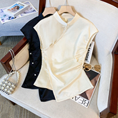 不规则修身 新中式 提花缎面上衣潮 女夏季 新款 国风改良旗袍无袖 衬衫