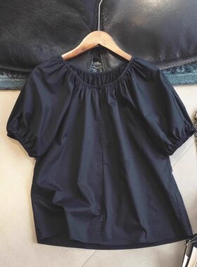 法式黑色褶皱圆领衬衫女夏日绝美宽松遮肚子泡泡袖娃娃衫减龄上衣