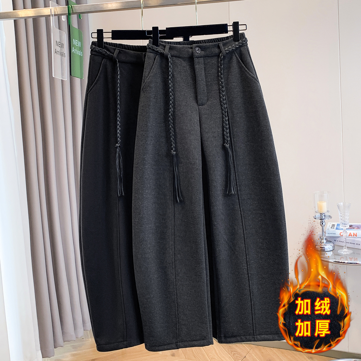 深灰色毛呢弯刀阔腿裤女冬装配腰带加绒保暖外穿今年流行的休闲裤
