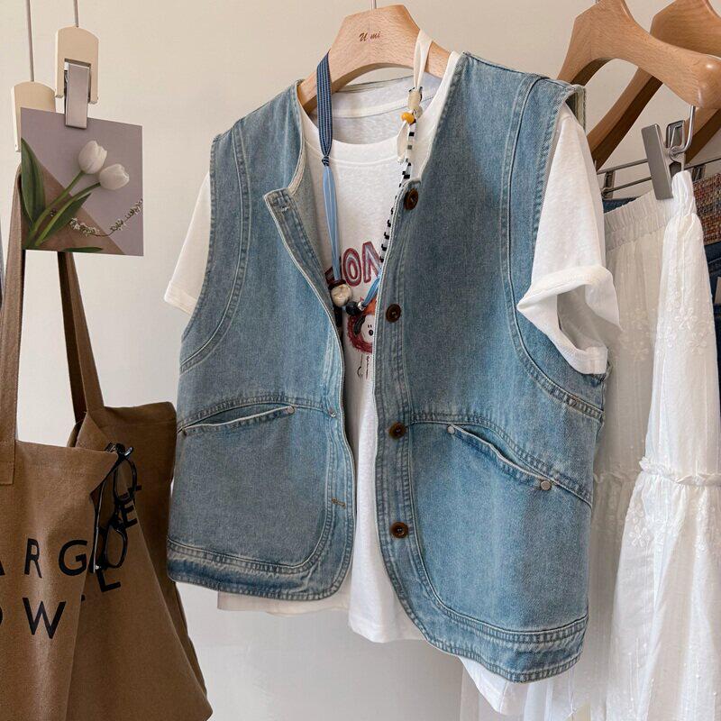 韩系港风水洗牛仔圆领叠穿薄马甲女夏季圆领叠穿外搭短款背心坎肩