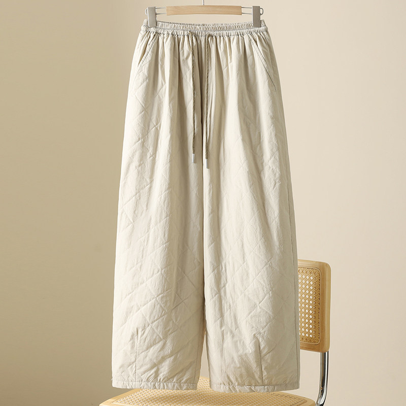 日系休闲夹棉保暖棉裤女冬装松紧腰抽绳宽松显瘦松弛感外穿阔腿裤