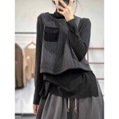 复古拼色口袋坎肩短款 棉衣女秋冬日系文艺宽松夹棉背心棉服马甲女