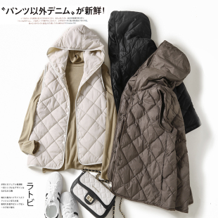 外贸大牌清仓出口轻薄保暖羽绒棉连帽马甲女无袖坎肩菱格背心外套