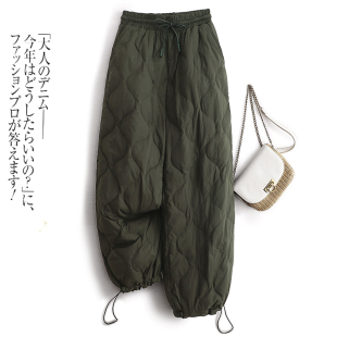 宽松高腰抽绳显瘦休闲束脚灯笼裤 菱形夹棉加厚保暖羽绒棉裤 女冬季