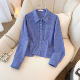 女春秋宽松设计感小众上衣短款 法式 复古格子耳边蓝色衬衫 百搭衬衣