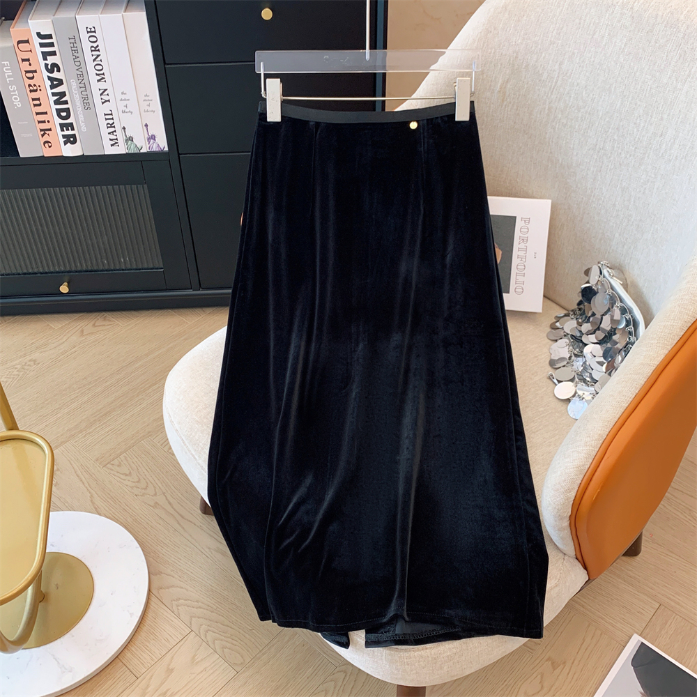 高腰包臀丝绒裙过膝巨显瘦中长款a字裙女秋冬半身裙打底开叉半裙