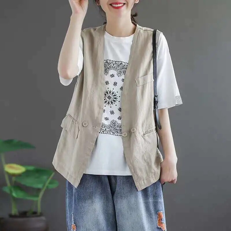 清仓捡漏专柜撤回大牌尾单外贸棉麻马甲外套女薄马夹背心坎肩上衣