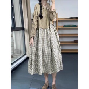复古日系娃娃领连衣裙女春秋新款 宽松休闲气质拼接格子假两件长裙