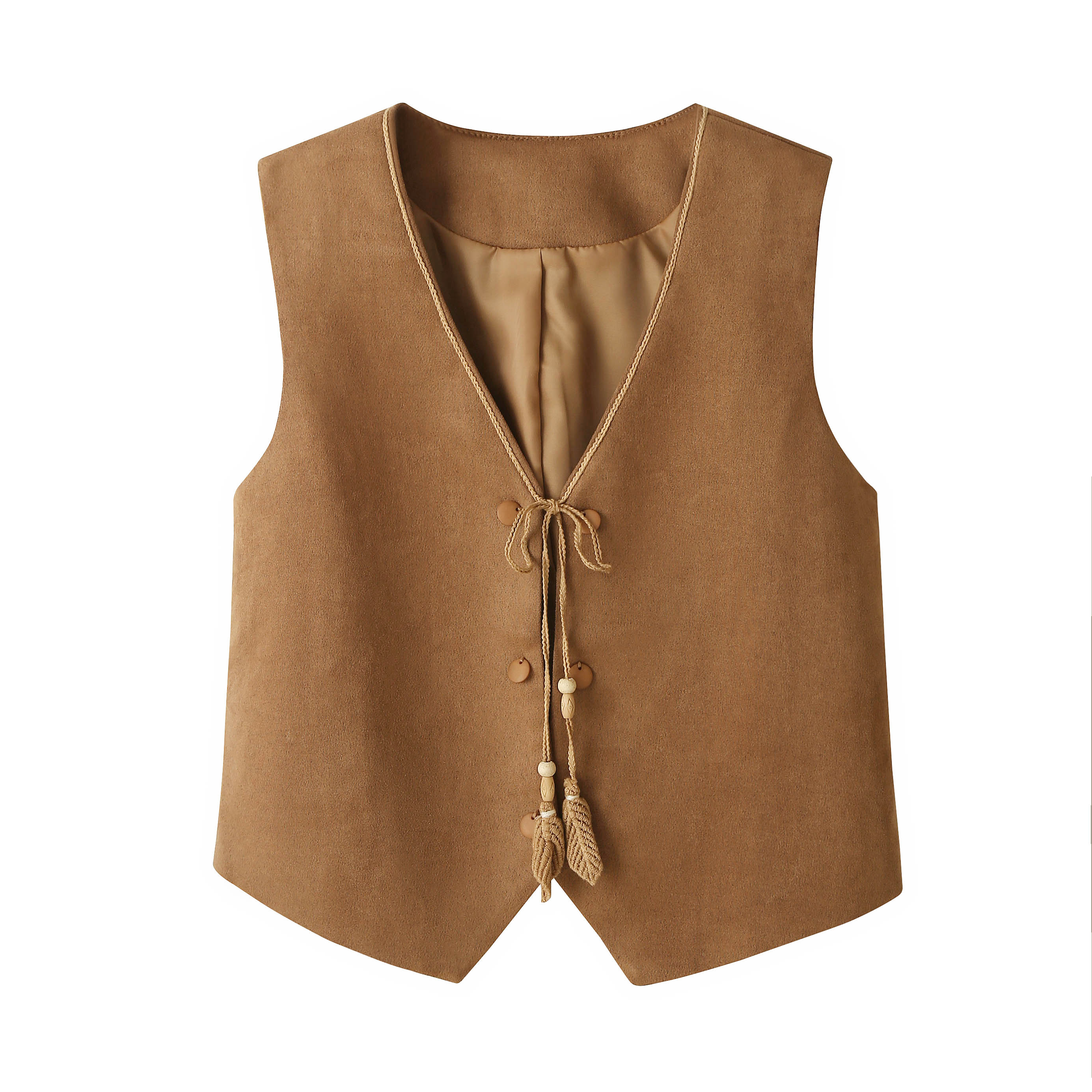 美拉德V领系带麂皮绒马甲背心女春夏设计感洋气时髦短款无袖坎肩