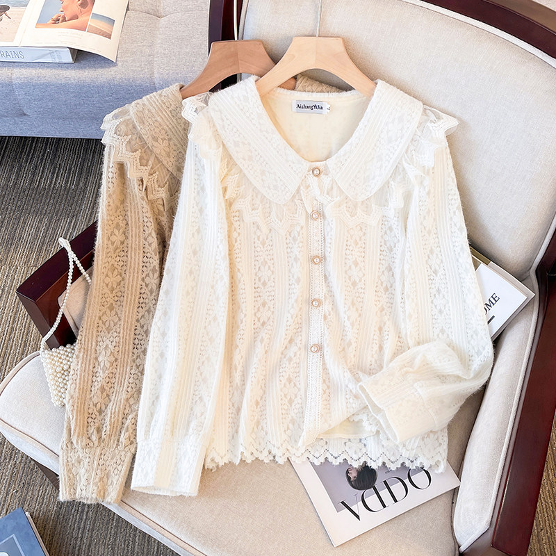 法式气质减龄娃娃领衬衫女秋冬大码洋气打底衫显瘦蕾丝镂空上衣潮