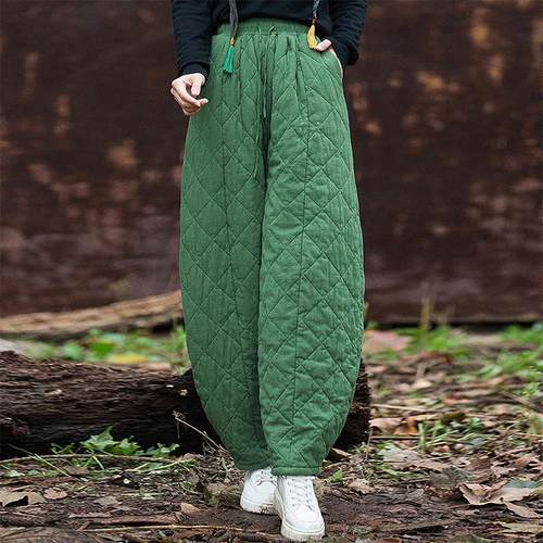 复古菱格加厚棉裤阔腿裤子镰刀香蕉裤女冬季日系宽松休闲灯笼裤潮