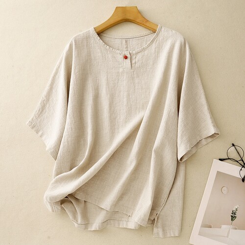 复古中式盘扣亚麻短袖T恤女士夏季新款休闲百搭禅意茶服棉麻上衣
