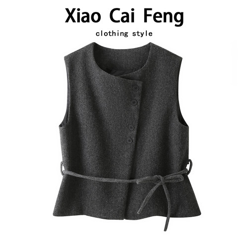 老钱风毛呢马甲背心外套女秋冬收腰系带显瘦气质百搭无袖坎肩马夹