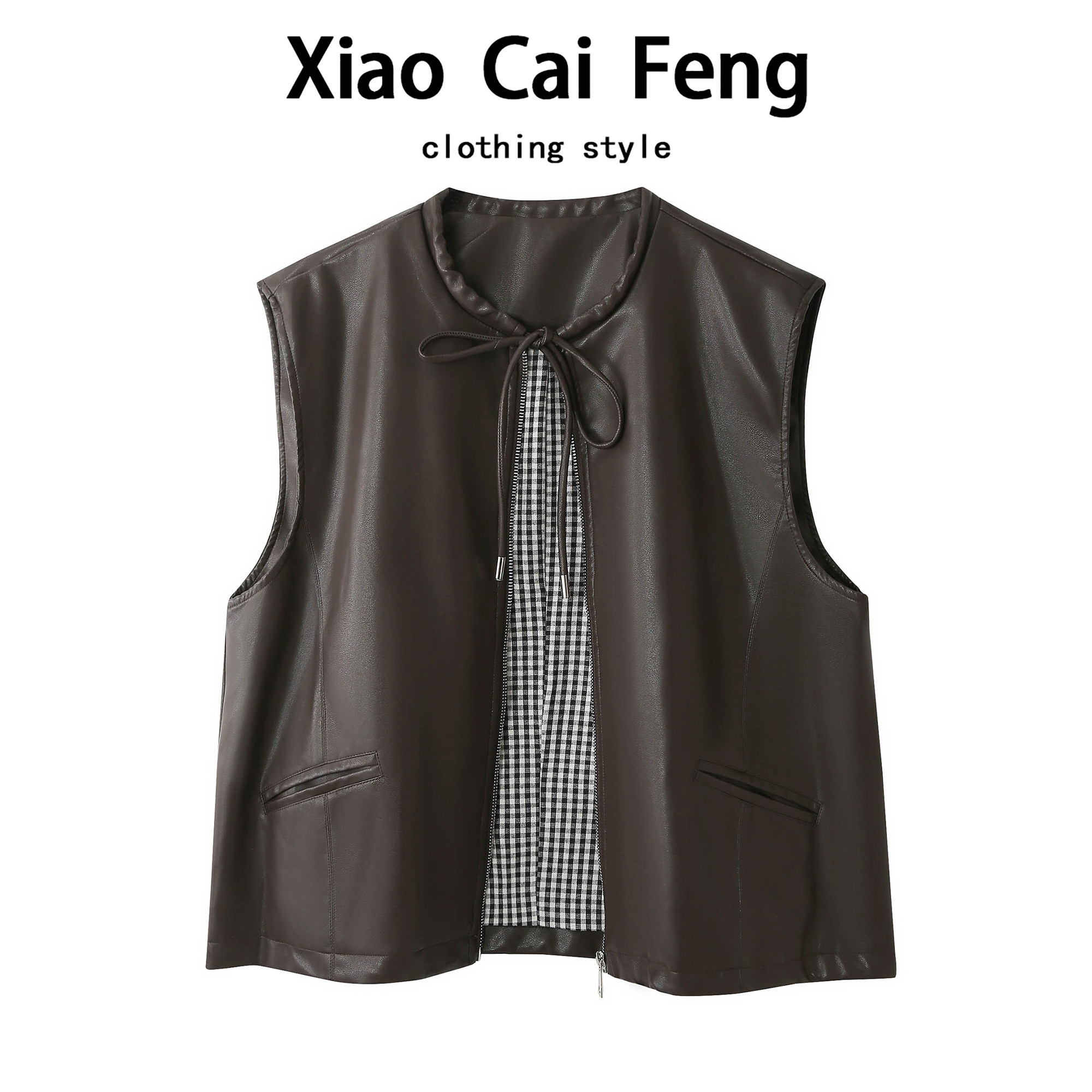 复古PU皮短款马甲夹克女秋季设计感抽绳无袖皮衣马夹机车服短外套,女装/女士精品,皮衣,淘宝优惠券,粉丝福利购,淘宝优惠卷