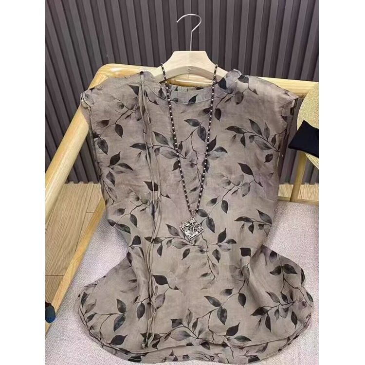 新中式复古印花无袖衬衫苎麻小衫女夏季设计系带国风改良旗袍上衣