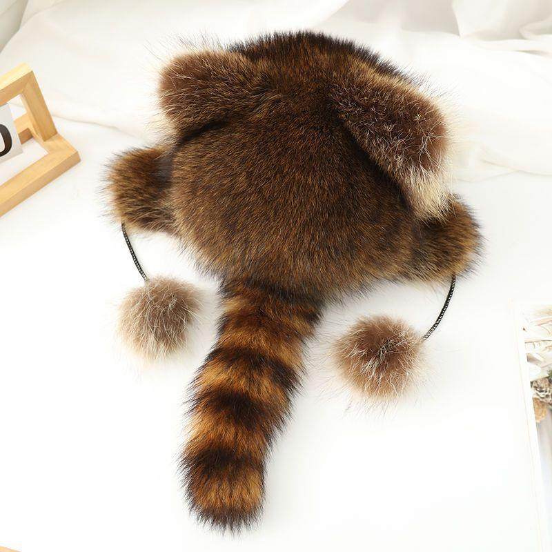 可爱小浣熊帽子超萌带尾巴护耳貉子毛雷峰帽保暖猫耳朵毛毛帽子