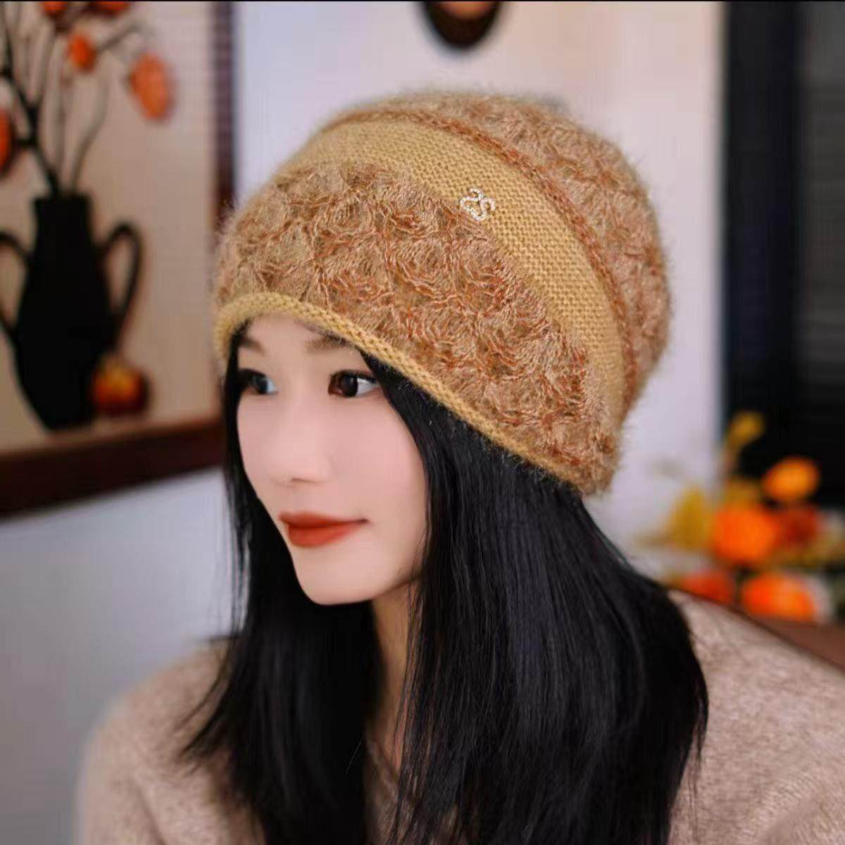 冬季新款钩花帽子双层加厚保暖卷边针织松鼠时尚百搭手工编织棉帽