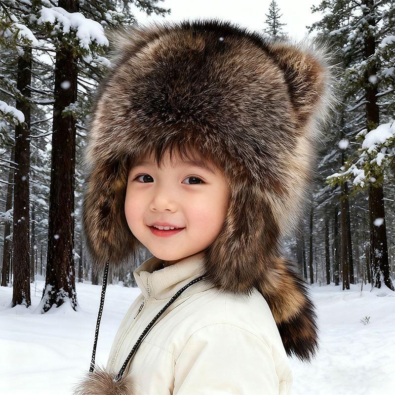 小浣熊皮草帽子男女孩宝宝霸王帽冬季保暖儿童狐狸毛皮草护耳帽子