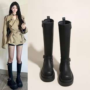 真皮长筒靴女靴子2025新款秋冬配裙子西部牛仔靴厚底高筒骑士长靴