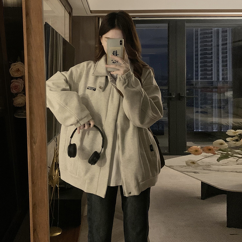 毛呢外套女2025春秋款宽松百搭设计感小众美式复古翻领夹克棒球服