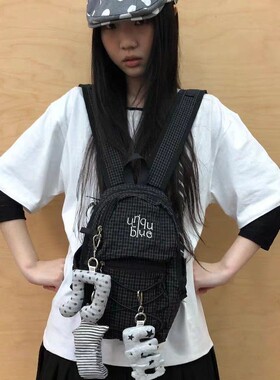 Unique blue韩国山系抽绳格纹mini双肩包女学生通勤户外轻便背包