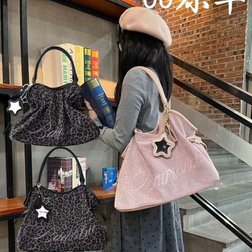 韩国BadBlue星星镜子单肩手提包豹纹托特包大容量甜酷风女通勤包