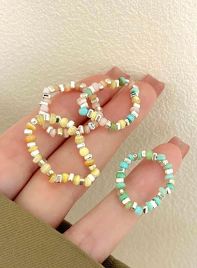 多巴胺彩色串珠弹力绳女个性小众食指戒潮流可调节戒指