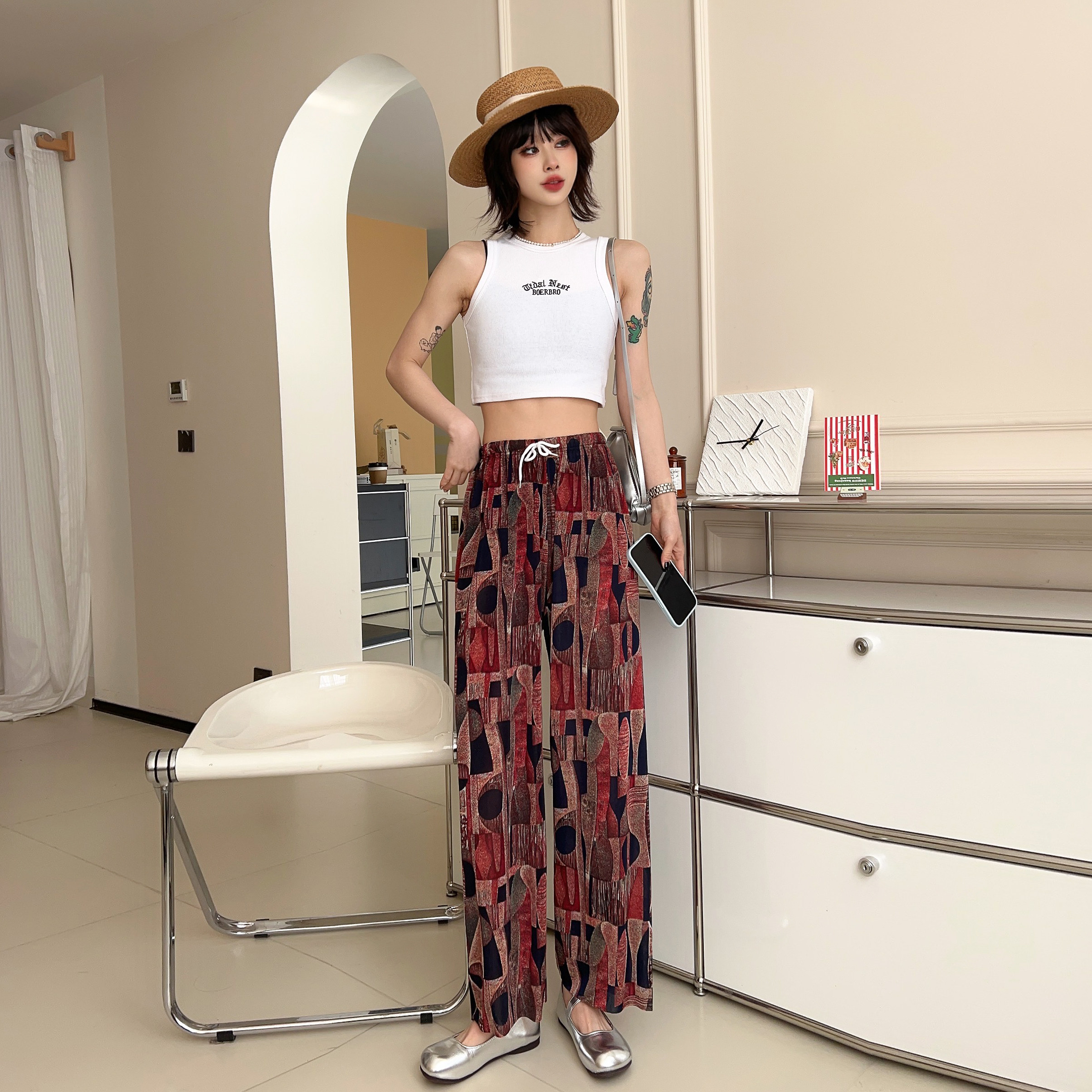 凉感冰丝阔腿裤花色松紧腰弹力大码妈妈裤2024夏季高腰垂感九分裤