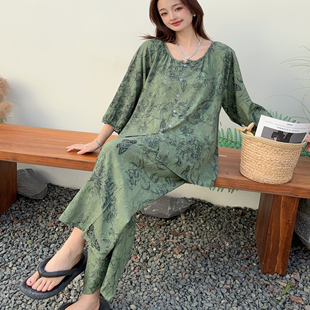 夏季圆领中袖扣子衫两件套棉绸薄款居家外穿套装大码胖MM 居家服