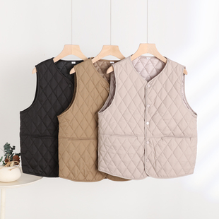 秋冬保暖防风马甲夹心丝绵护心背心简约百搭棉服菱形格子坎肩新品