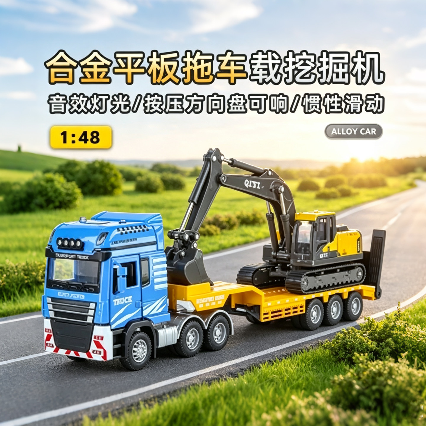 1:48合金平板拖车模型半挂拖挂卡车运载挖掘机声光工程运输车玩具