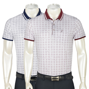 啄木鸟男装夏季薄款纯棉短袖t恤男士中年翻领商务休闲格子中年装