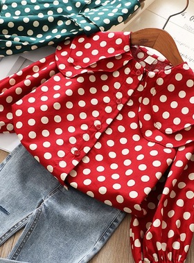 女童衬衫春秋新款洋气儿童波点大翻领宝宝长袖娃娃领港风表演上衣