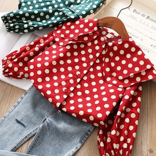 女童衬衫春秋新款洋气儿童波点大翻领宝宝长袖娃娃领港风表演上衣