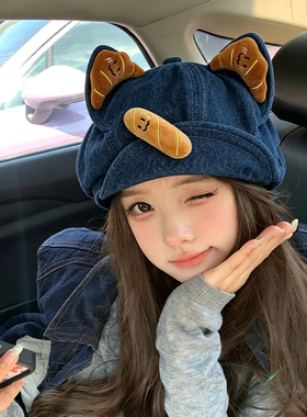 可爱猫耳牛仔八角帽女显脸小
