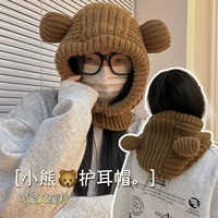 Демисезонная шапка, ветрозащитный милый шерстяной шарф, с медвежатами, с защитой шеи, в корейском стиле