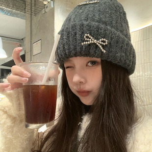 蝴蝶结毛线帽子女秋冬冷帽网红大头围显脸小百搭保暖护耳针织帽