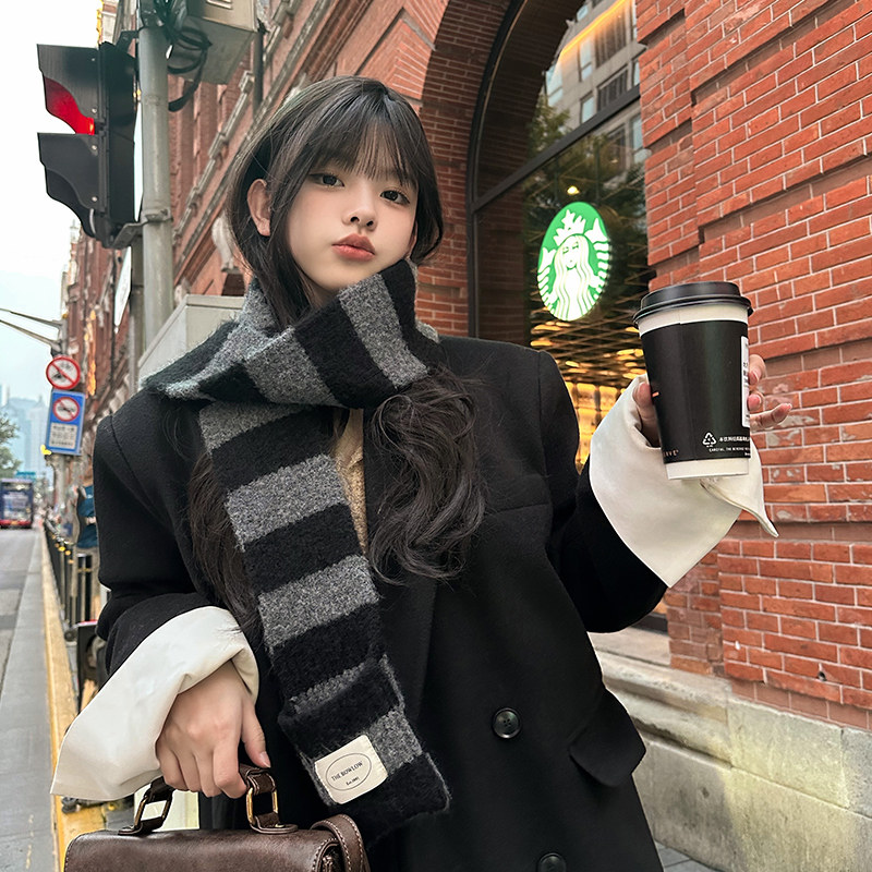 围巾女秋冬季韩版百搭经典条纹针织小众保暖学生加厚毛线围脖男潮