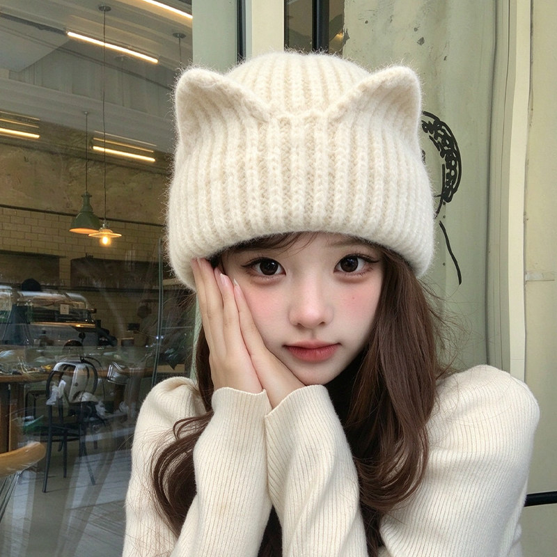 可爱猫耳朵针织帽子女秋冬保暖毛线帽时尚百搭显脸小防寒护耳冷帽