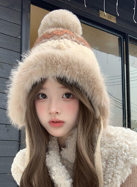 费尔岛加厚毛绒雷锋帽女秋冬季保暖护耳帽针织毛线帽子防寒套头帽